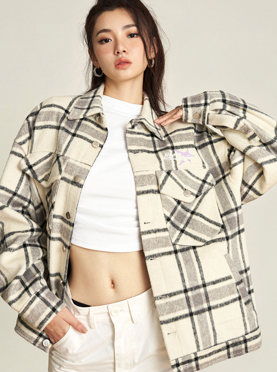 VOTE Embroidery Woolen Plaid Jacket