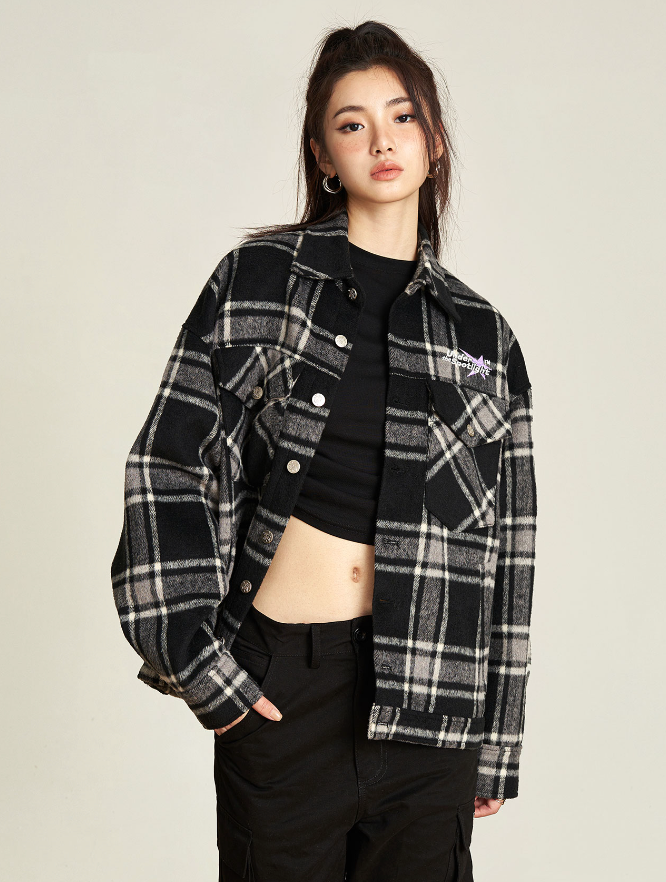 VOTE Embroidery Woolen Plaid Jacket