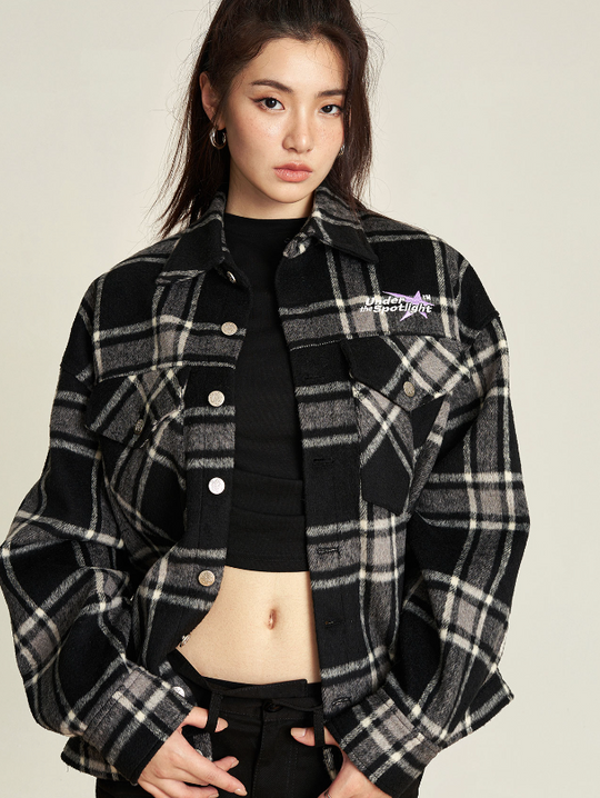 VOTE Embroidery Woolen Plaid Jacket