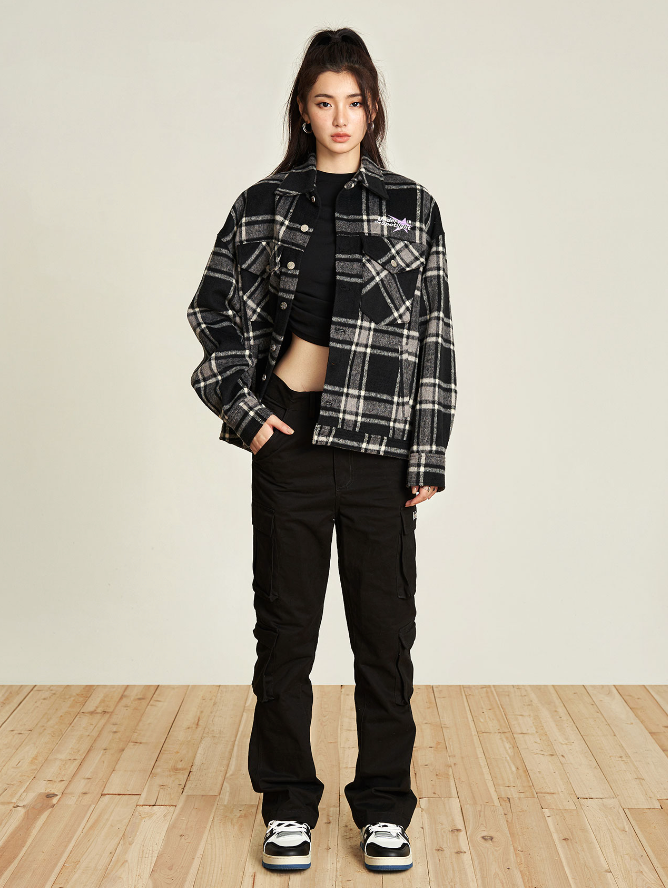 VOTE Embroidery Woolen Plaid Jacket
