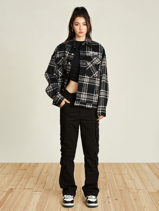 VOTE Embroidery Woolen Plaid Jacket