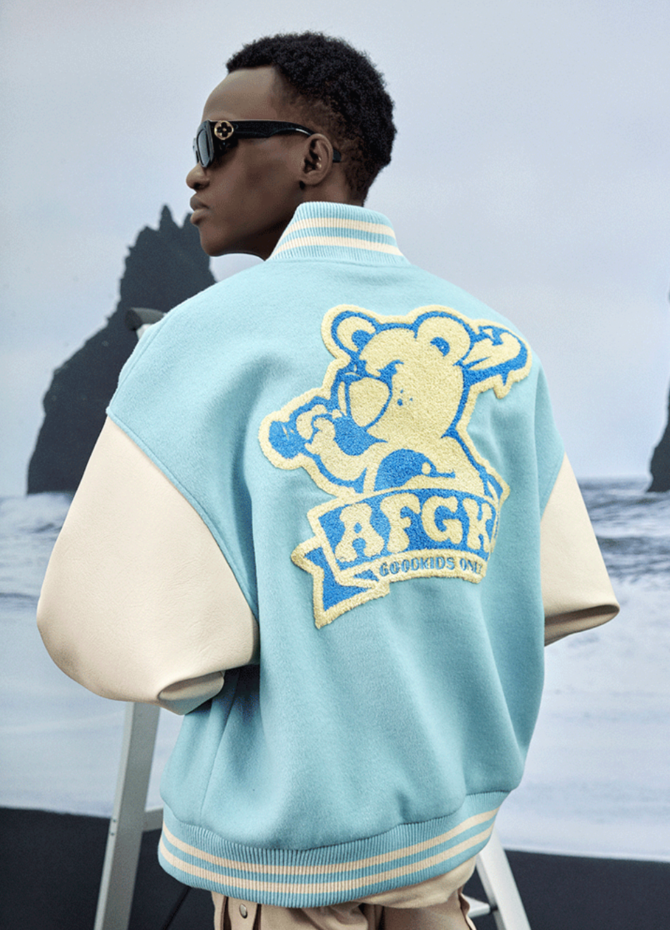 AFGK Embroidered Bear Varsity Jacket