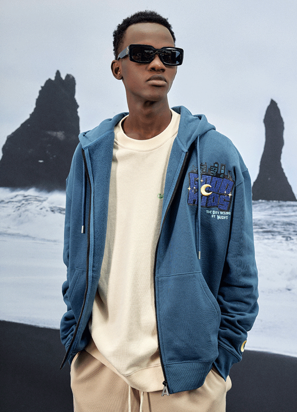 AFGK Zipper Letters Embroidered Hoodie