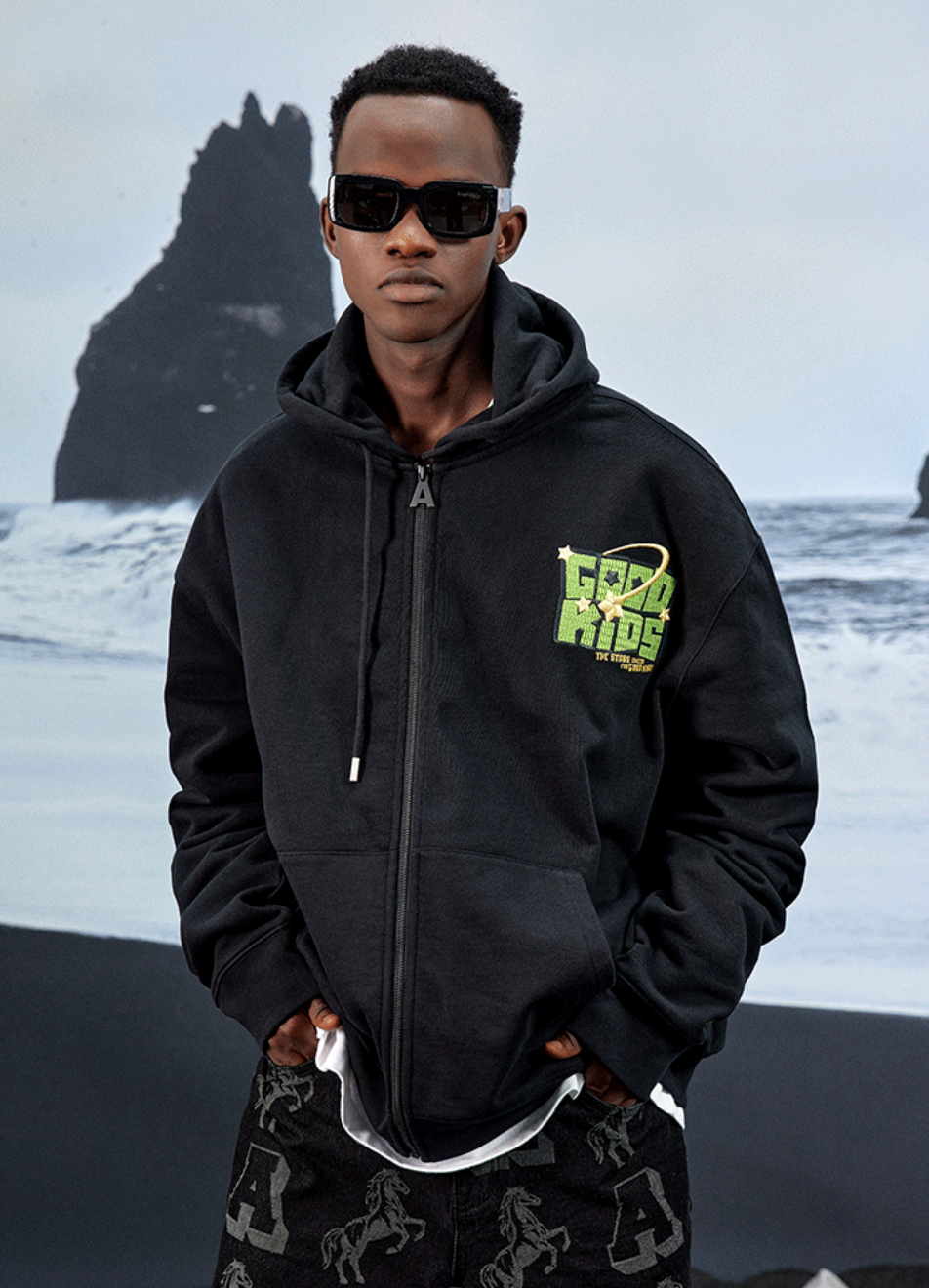 AFGK Zipper Letters Embroidered Hoodie