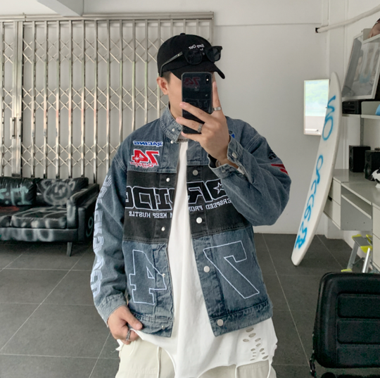 F3F Select Embroidered Motorcycle Racing Denim Jacket