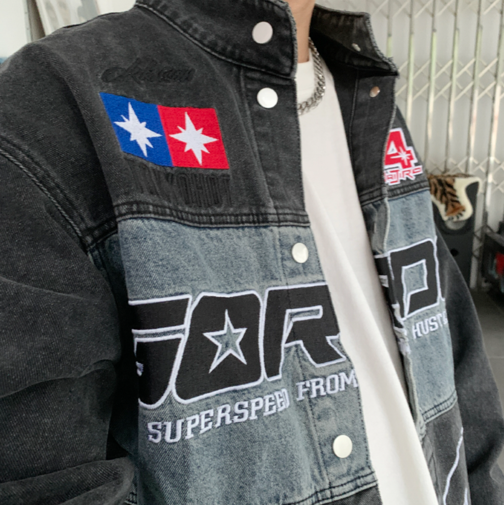 F3F Select Embroidered Motorcycle Racing Denim Jacket