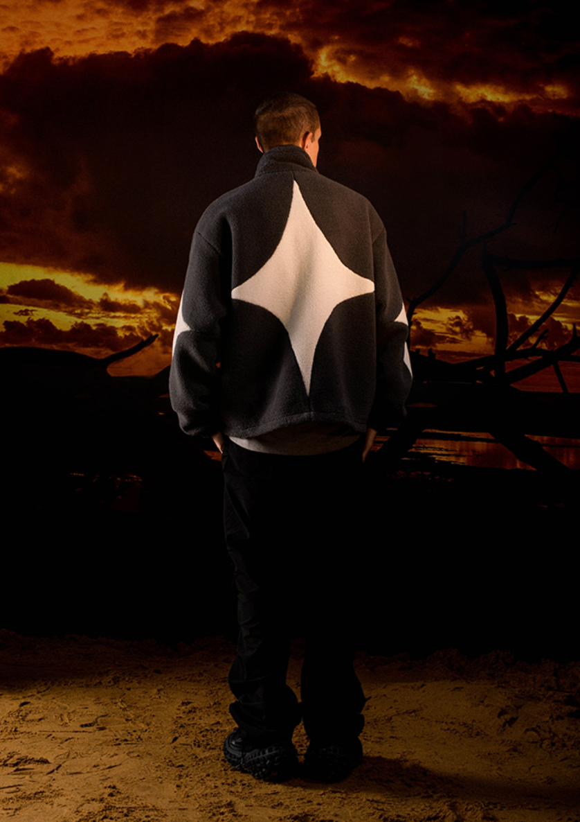 YADcrew R-STAR Star Contrast Sherpa Fleece Jacket