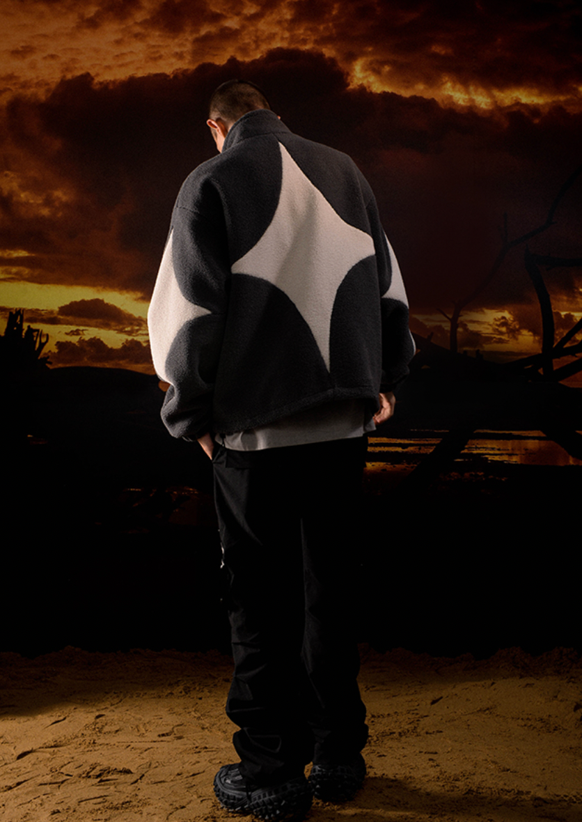 YADcrew R-STAR Star Contrast Sherpa Fleece Jacket