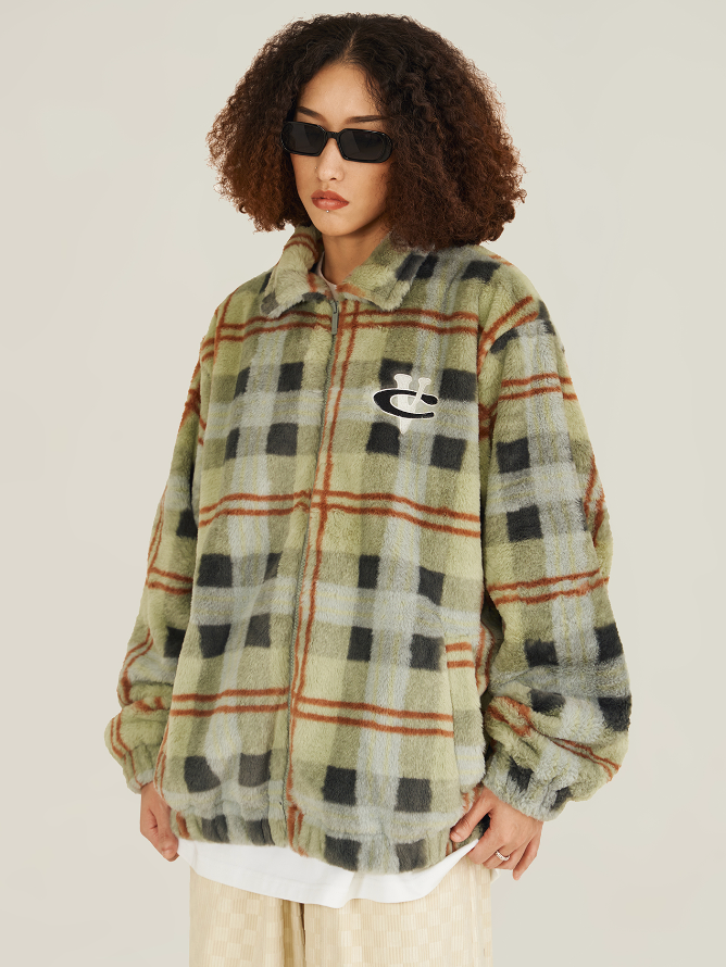 VOTE Fluffy Plaid Jacket