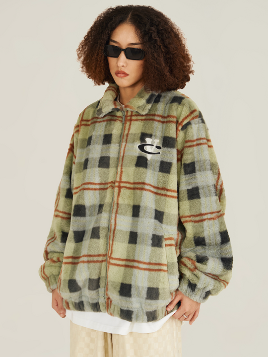 VOTE Fluffy Plaid Jacket