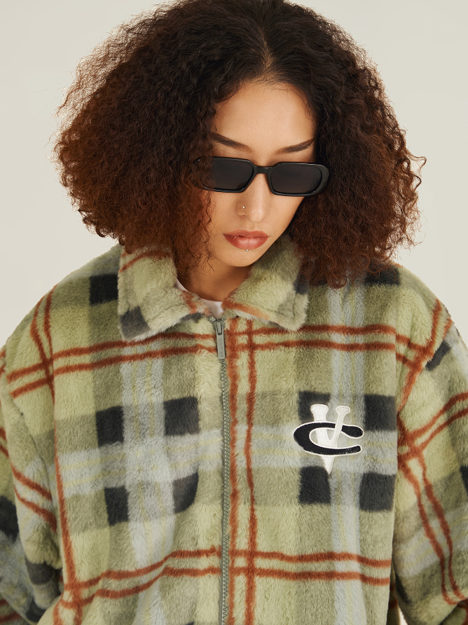 VOTE Fluffy Plaid Jacket