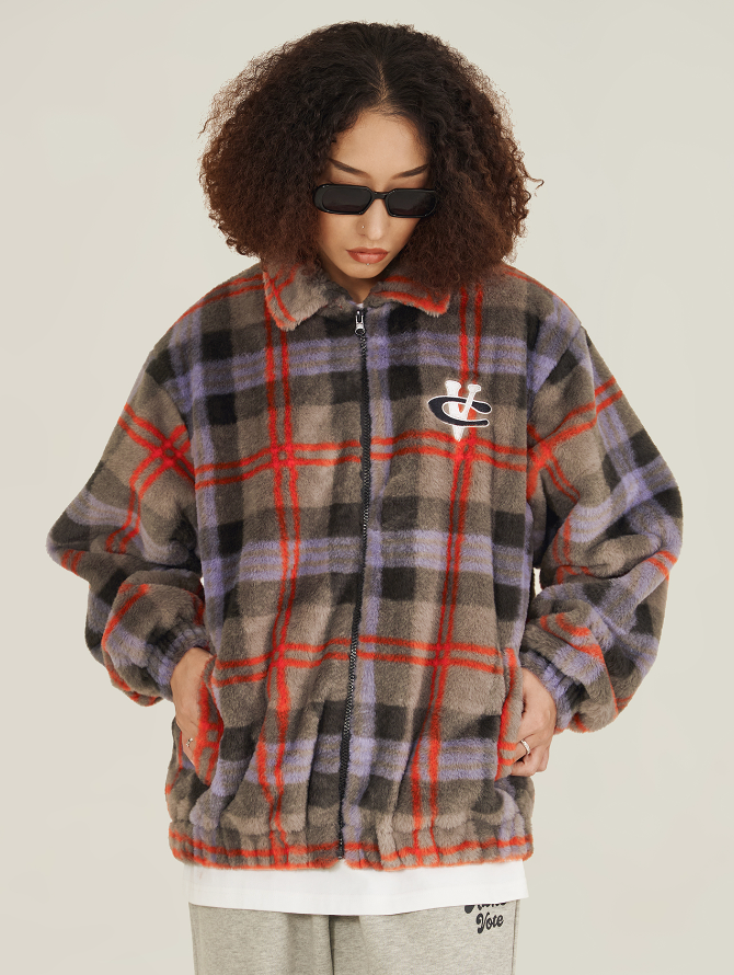 VOTE Fluffy Plaid Jacket