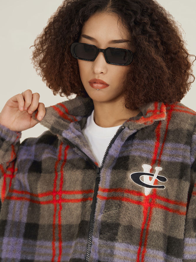 VOTE Fluffy Plaid Jacket