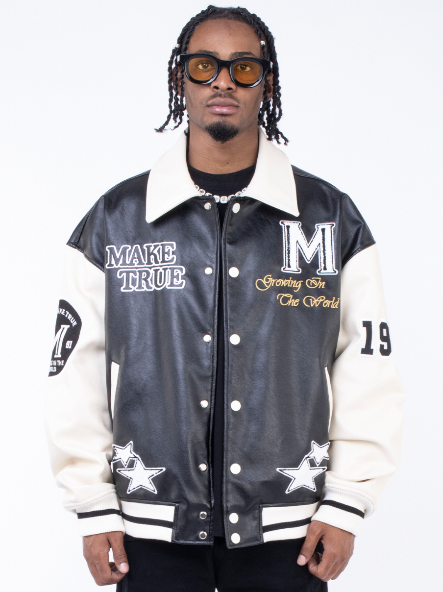 F3F Select Slogan Embroidery Stitching PU Leather Varsity Jacket