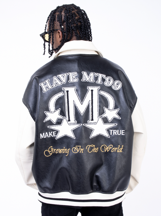 F3F Select Slogan Embroidery Stitching PU Leather Varsity Jacket