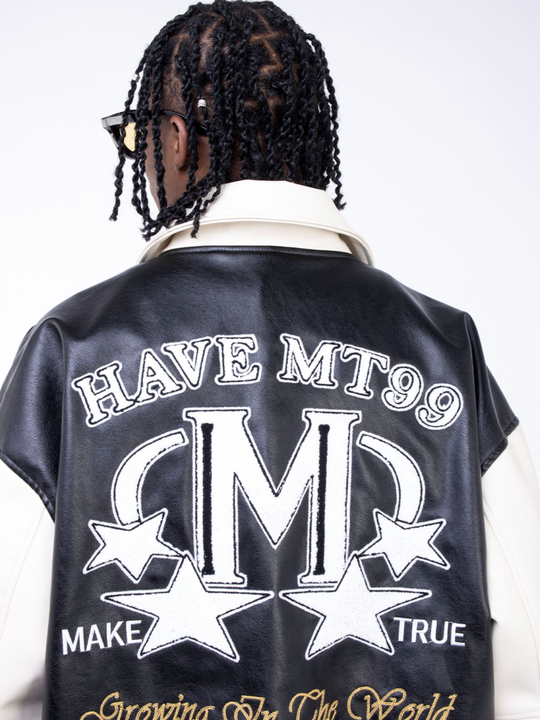 F3F Select Slogan Embroidery Stitching PU Leather Varsity Jacket