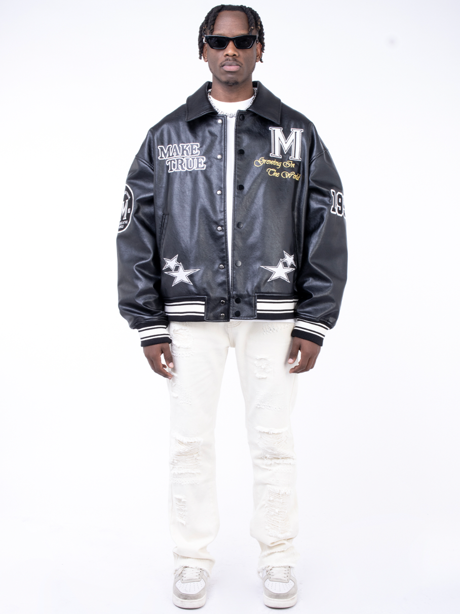 F3F Select Slogan Embroidery Stitching PU Leather Varsity Jacket