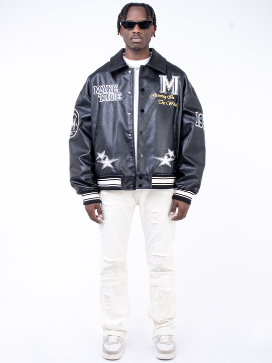 F3F Select Slogan Embroidery Stitching PU Leather Varsity Jacket