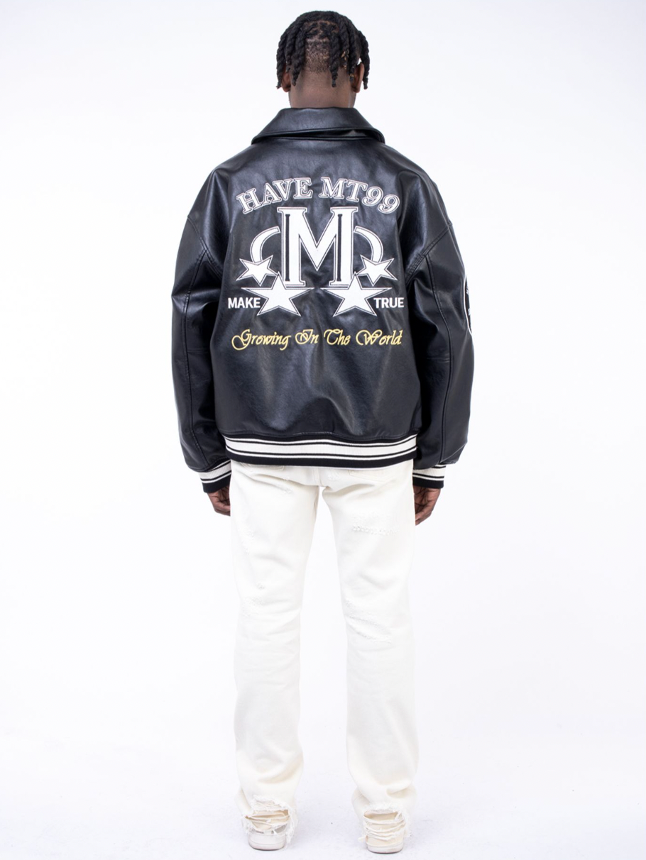 F3F Select Slogan Embroidery Stitching PU Leather Varsity Jacket