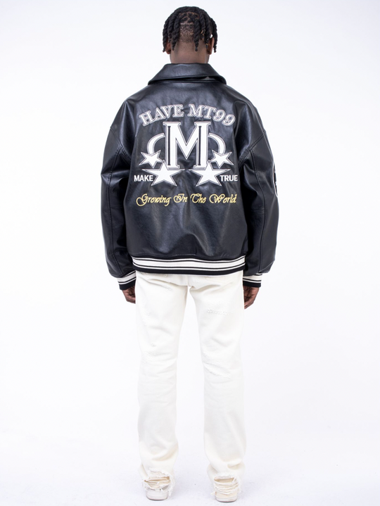 F3F Select Slogan Embroidery Stitching PU Leather Varsity Jacket