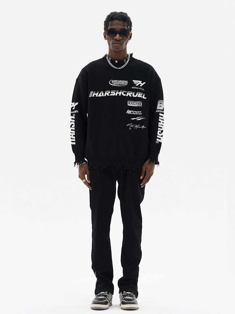 Harsh and Cruel Racing Logo Distressed Knit Sweater