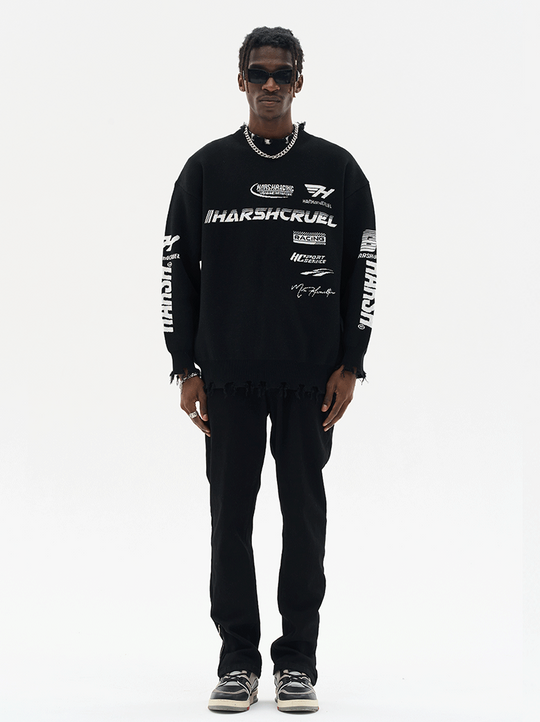 Harsh and Cruel Racing Logo Distressed Knit Sweater