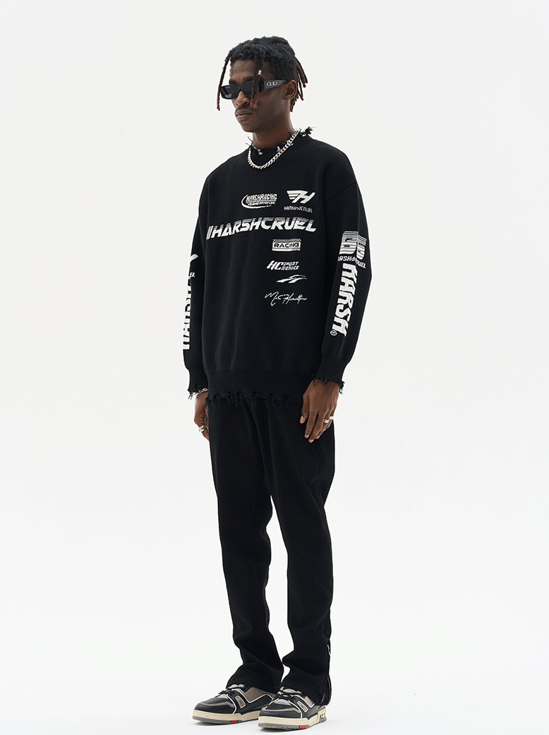Harsh and Cruel Racing Logo Distressed Knit Sweater