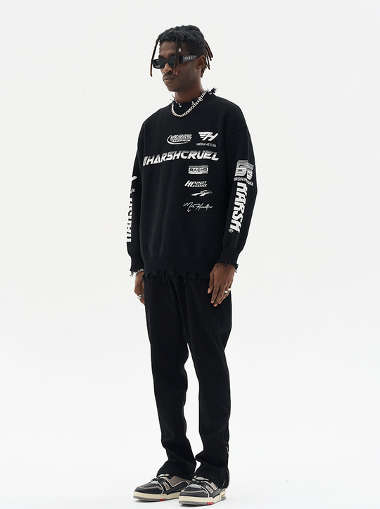 Harsh and Cruel Racing Logo Distressed Knit Sweater