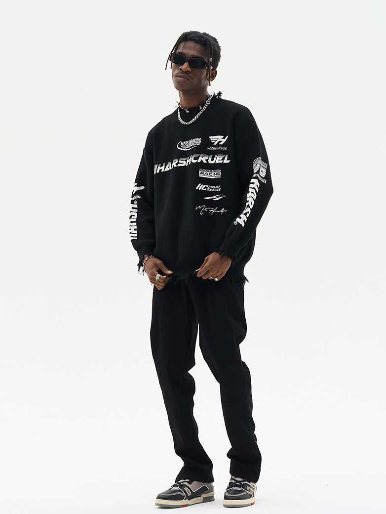 Harsh and Cruel Racing Logo Distressed Knit Sweater