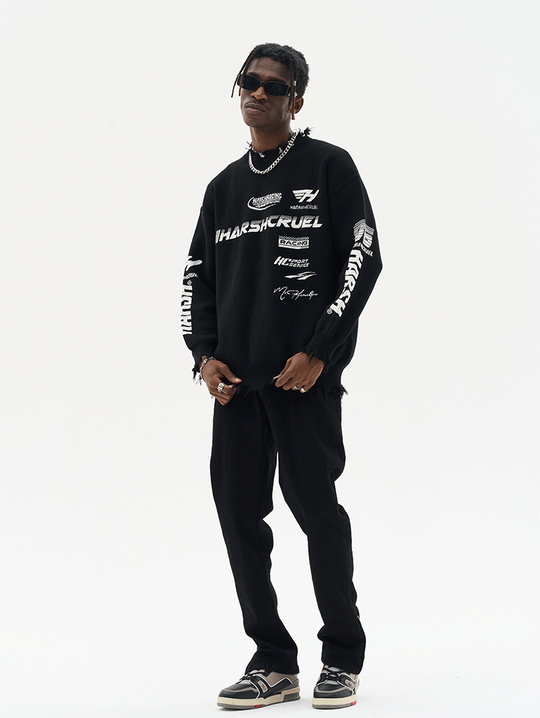 Harsh and Cruel Racing Logo Distressed Knit Sweater