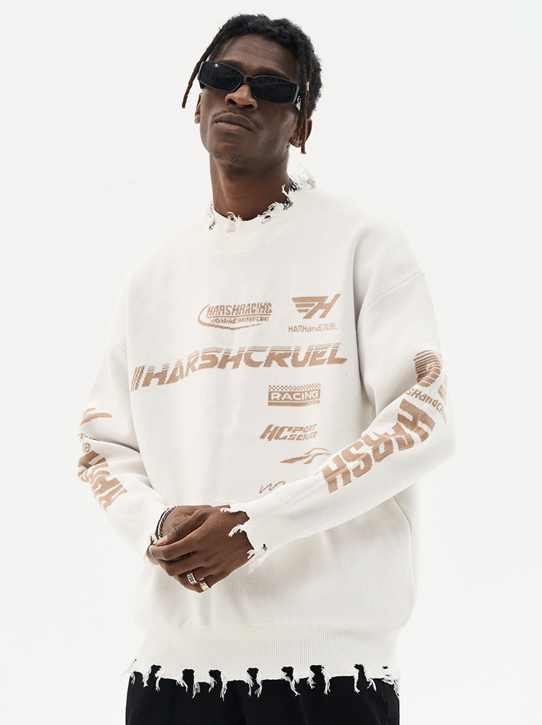 Harsh and Cruel Racing Logo Distressed Knit Sweater