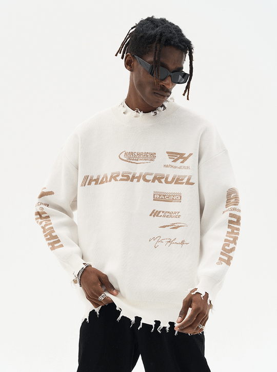 Harsh and Cruel Racing Logo Distressed Knit Sweater