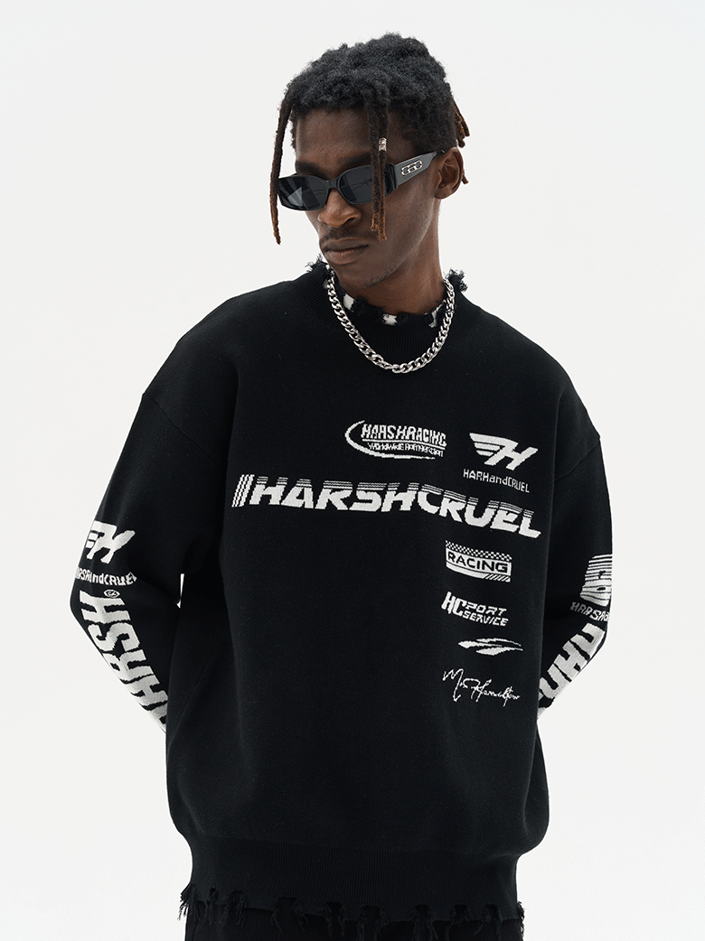 Harsh and Cruel Racing Logo Distressed Knit Sweater
