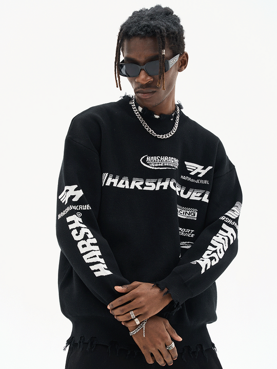 Harsh and Cruel Racing Logo Distressed Knit Sweater