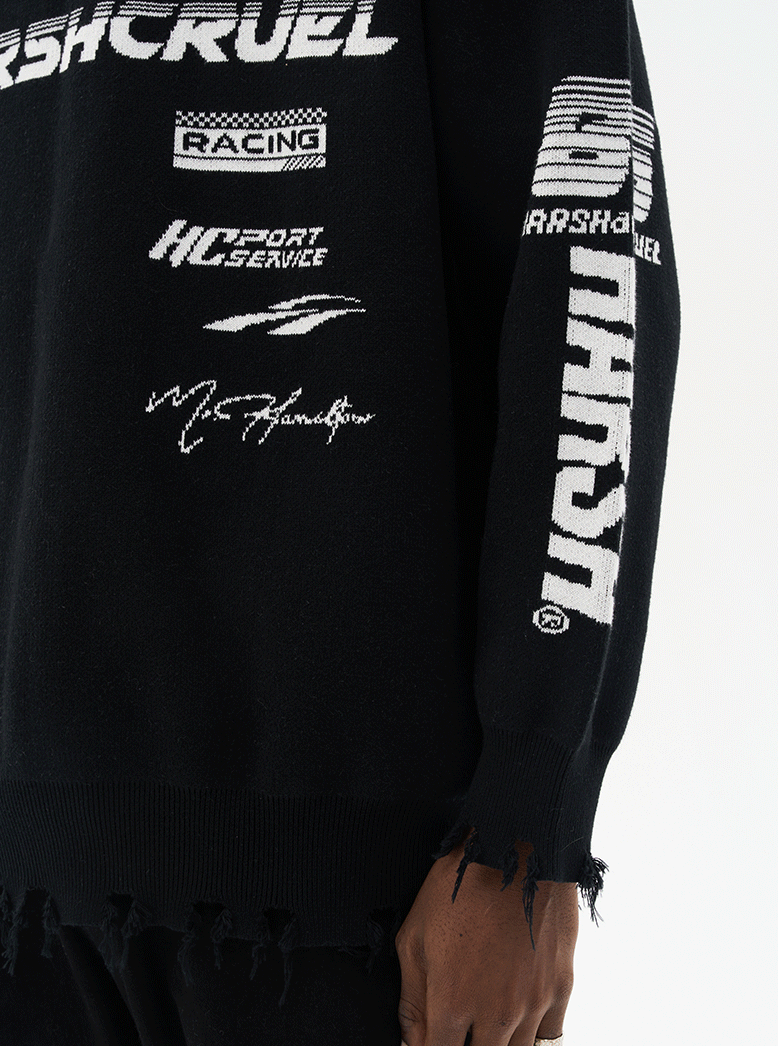 Harsh and Cruel Racing Logo Distressed Knit Sweater