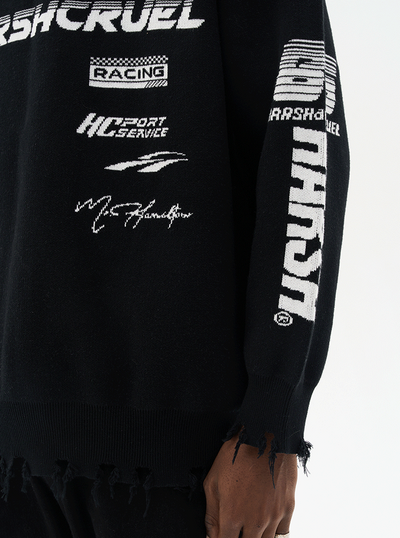 Harsh and Cruel Racing Logo Distressed Knit Sweater