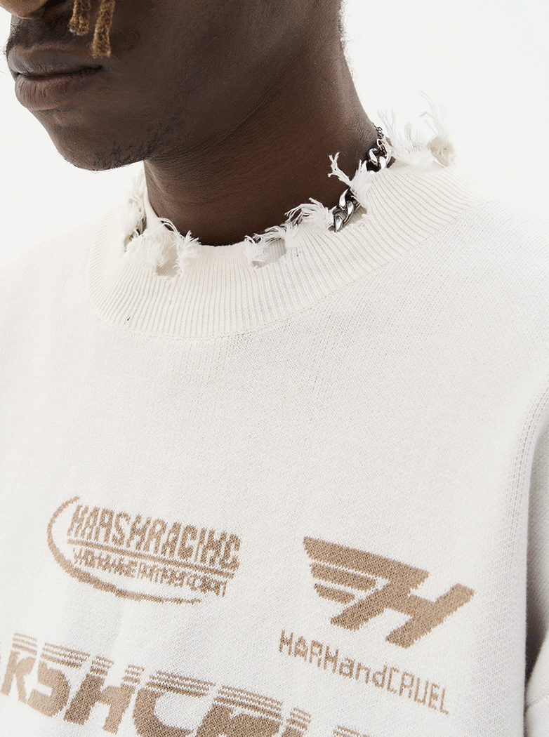 Harsh and Cruel Racing Logo Distressed Knit Sweater