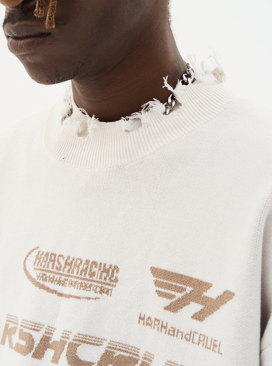 Harsh and Cruel Racing Logo Distressed Knit Sweater