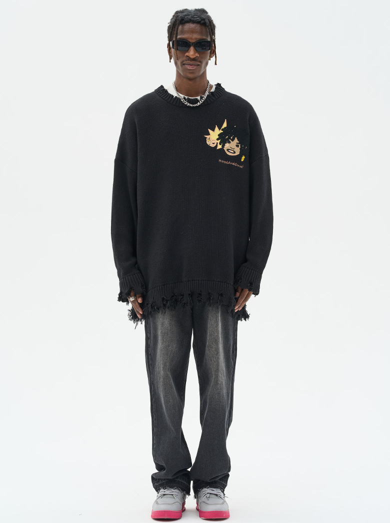 Harsh and Cruel Cartoon Face Distressed Knit Sweater