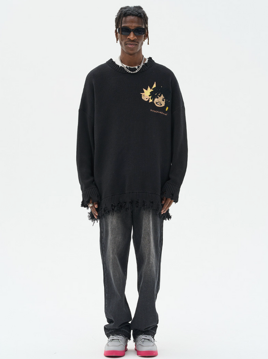 Harsh and Cruel Cartoon Face Distressed Knit Sweater