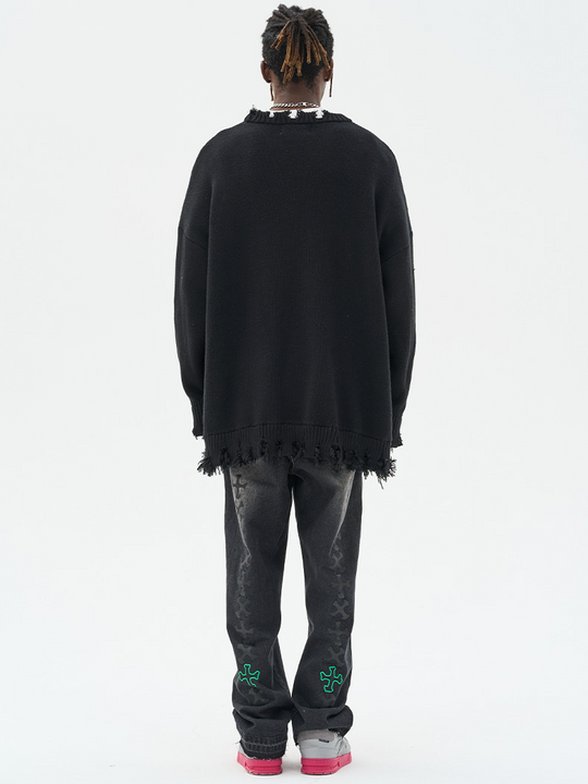 Harsh and Cruel Cartoon Face Distressed Knit Sweater