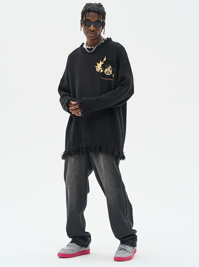Harsh and Cruel Cartoon Face Distressed Knit Sweater