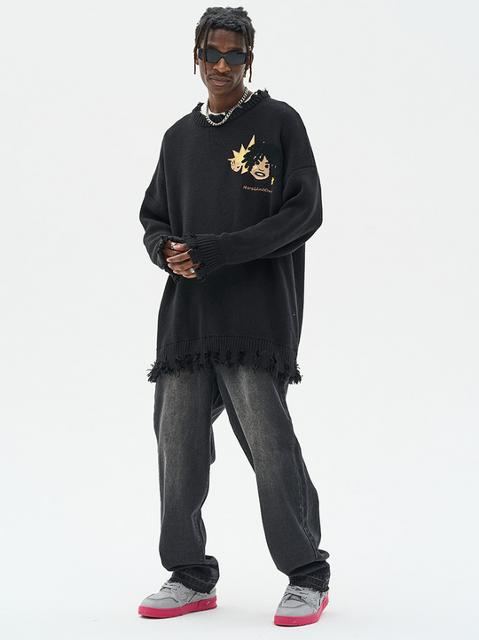 Harsh and Cruel Cartoon Face Distressed Knit Sweater
