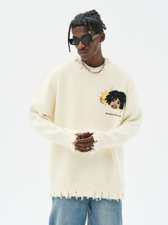 Harsh and Cruel Cartoon Face Distressed Knit Sweater