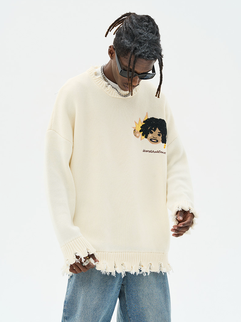 Harsh and Cruel Cartoon Face Distressed Knit Sweater