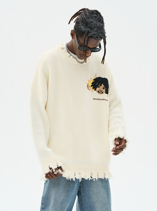 Harsh and Cruel Cartoon Face Distressed Knit Sweater