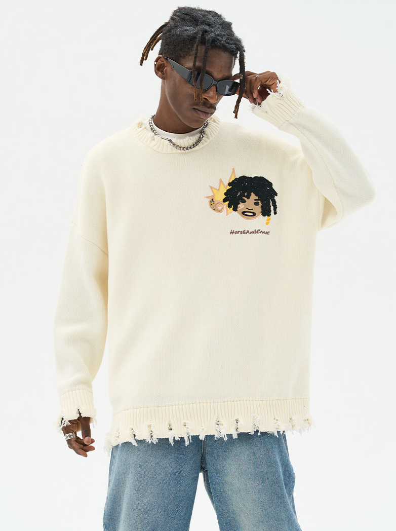 Harsh and Cruel Cartoon Face Distressed Knit Sweater