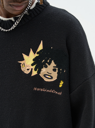 Harsh and Cruel Cartoon Face Distressed Knit Sweater