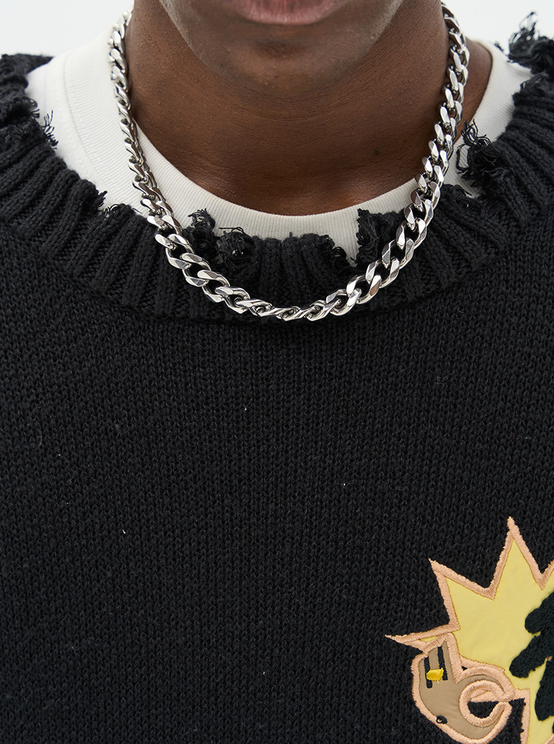 Harsh and Cruel Cartoon Face Distressed Knit Sweater