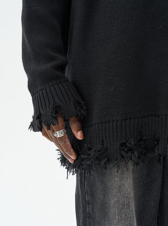 Harsh and Cruel Cartoon Face Distressed Knit Sweater